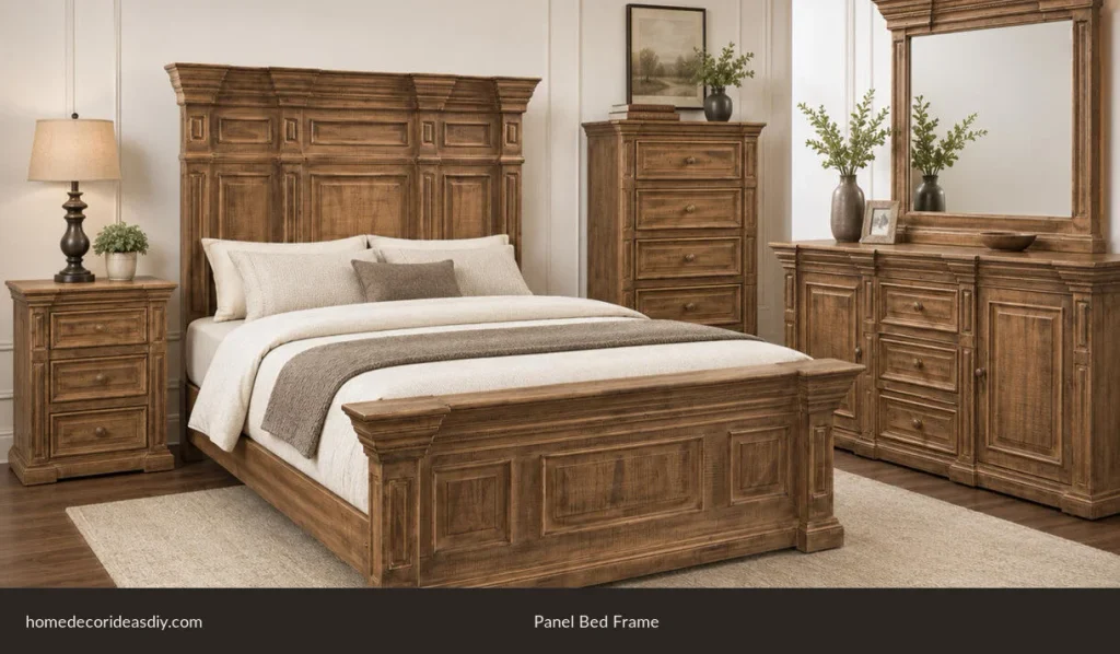 Types of bed frames: classic wood panel bed with a matching headboard and footboard