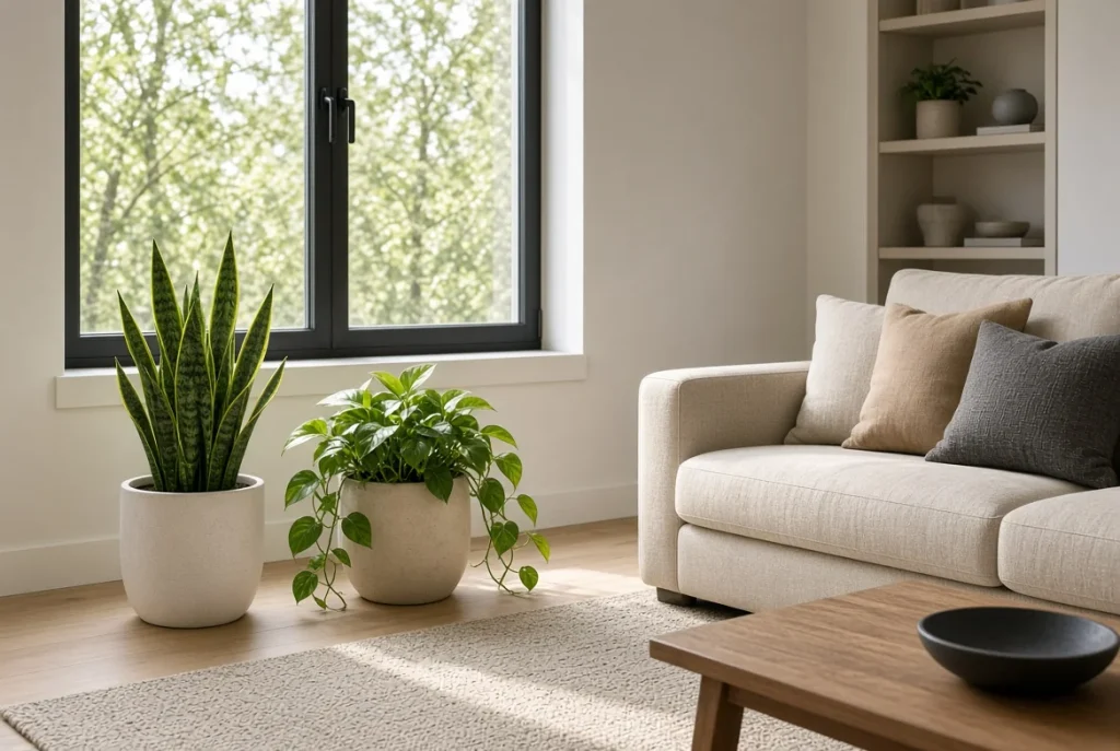 Pothos and snake plant placed for the light, not the leaves, a lasting budget living room decor idea.