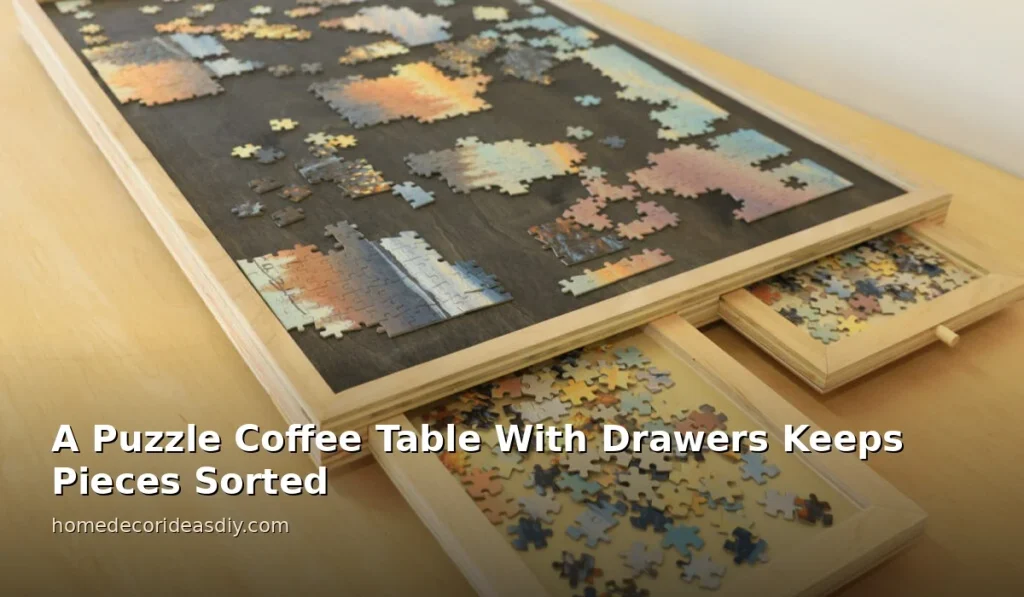 Puzzle coffee table sorting board with four small drawers pulled out holding jigsaw pieces sorted into colour groups