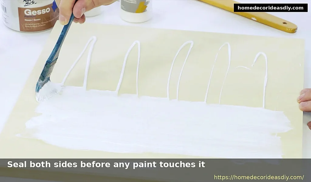sealing cardboard with white gesso primer and brush before painting to stop warping
