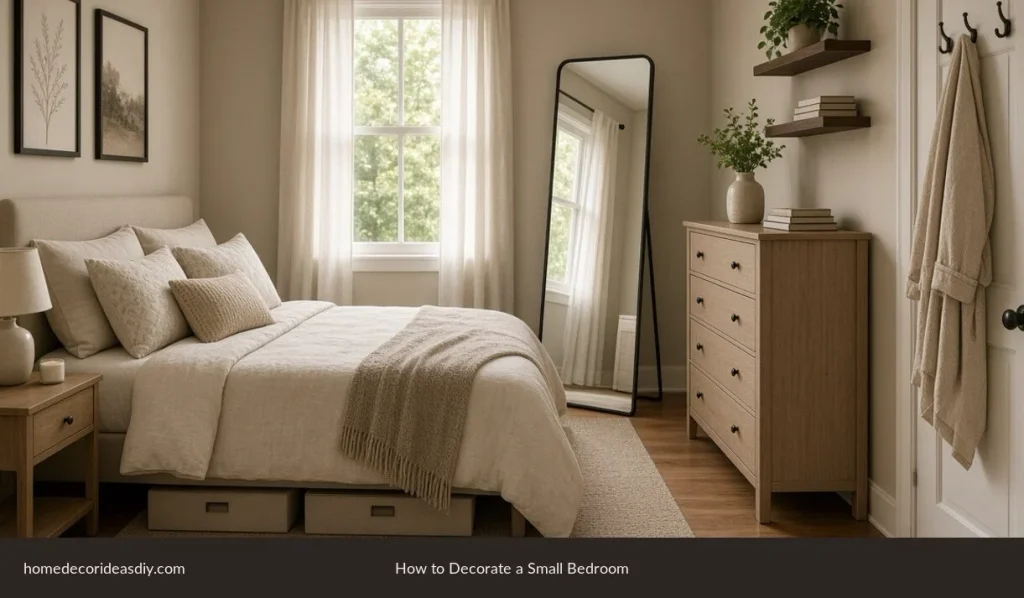 How to decorate your bedroom when the room is small  tall dresser, floating shelves, mirror facing the window