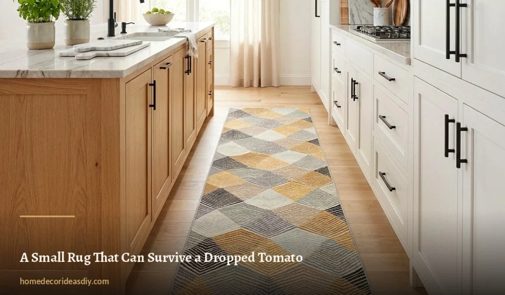 Geometric runner rug in mustard and grey on a wood floor between a kitchen island and cabinets