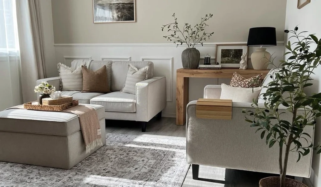Small living room with a compact sofa, armchair, and ottoman instead of a sectional
