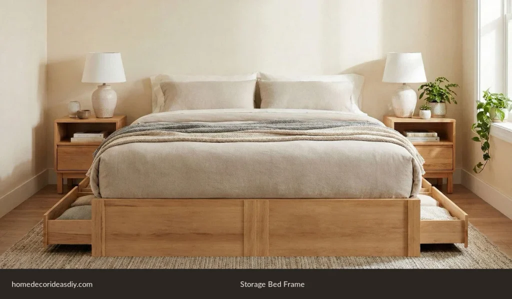Types of bed frames: storage bed with drawers that pull out from under the mattress.