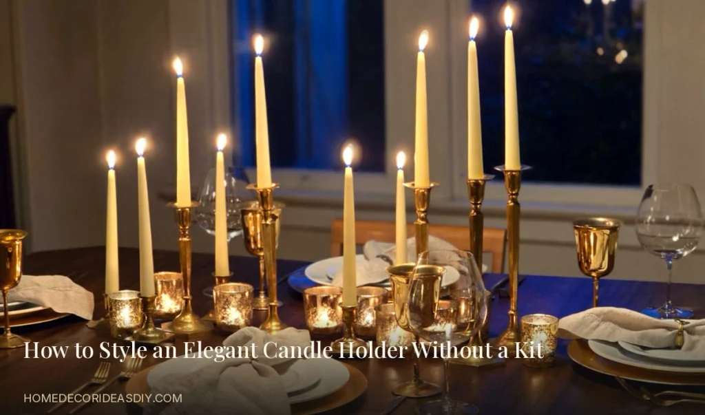 Evening dining table with many elegant brass candle holders and votives creating warm candlelight