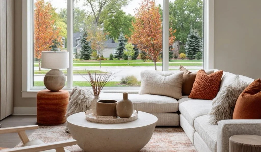 Textured modern living room with boucle pillows, terracotta pottery, and indoor plants
