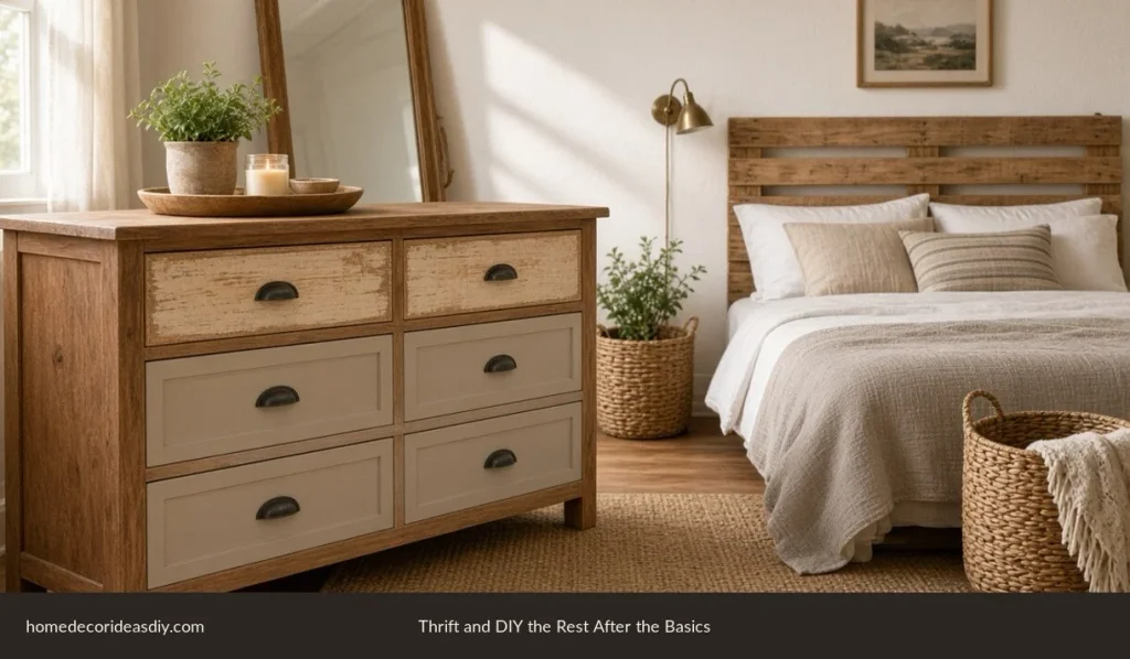 How to decorate your bedroom with a thrifted dresser and a DIY wood headboard