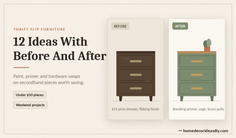 Thrift flip furniture before and after showing a dated brown dresser repainted sage green with brass pulls