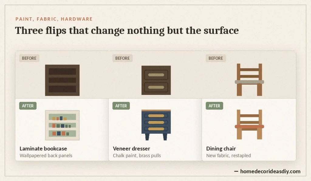 Three thrift flip furniture before and after examples, a laminate bookcase, veneer dresser and dining chair