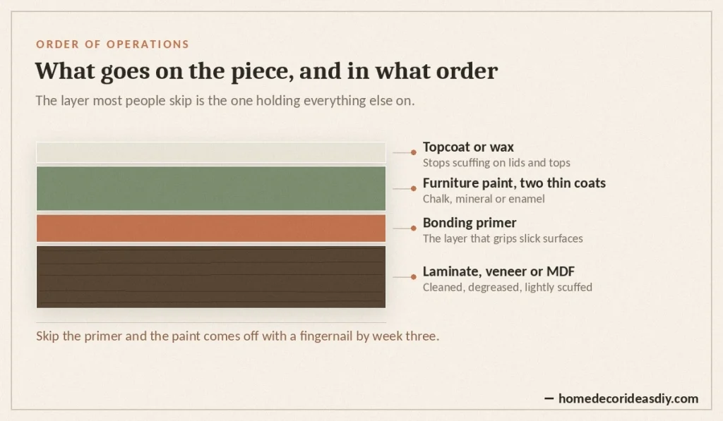 Layer order for a furniture flip, from laminate surface through bonding primer to paint and topcoat