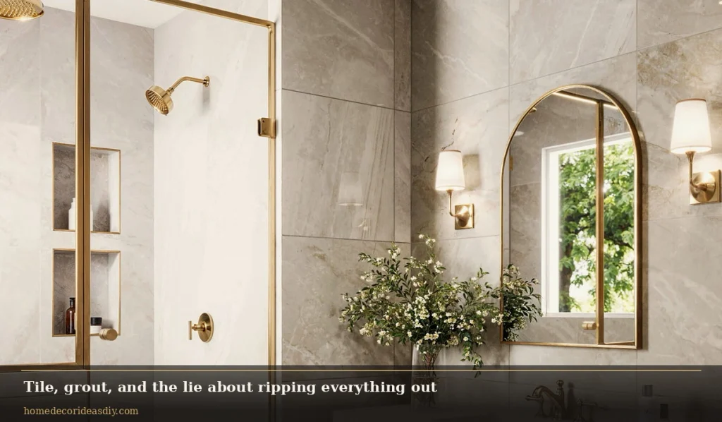 Large-format tile and glass shower screen in a bathroom remodel wet zone
