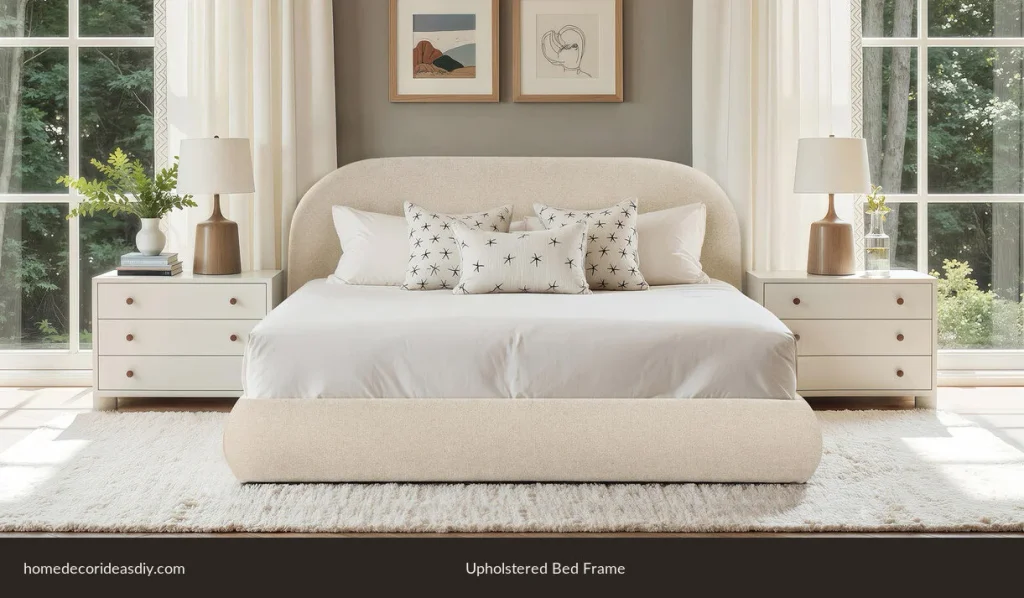 Types of bed frames: upholstered bed with a padded headboard for sitting up in bed.