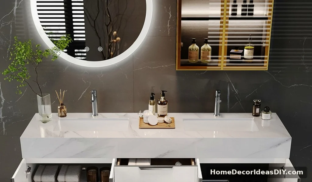 Open double vanity cabinet showing plywood-style shelves and drawer boxes inside.