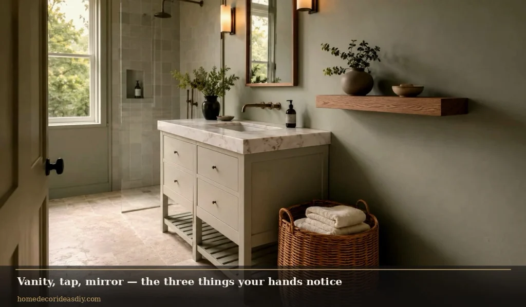 Bathroom remodel vanity with solid tap, wood-framed mirror and face-level sconces