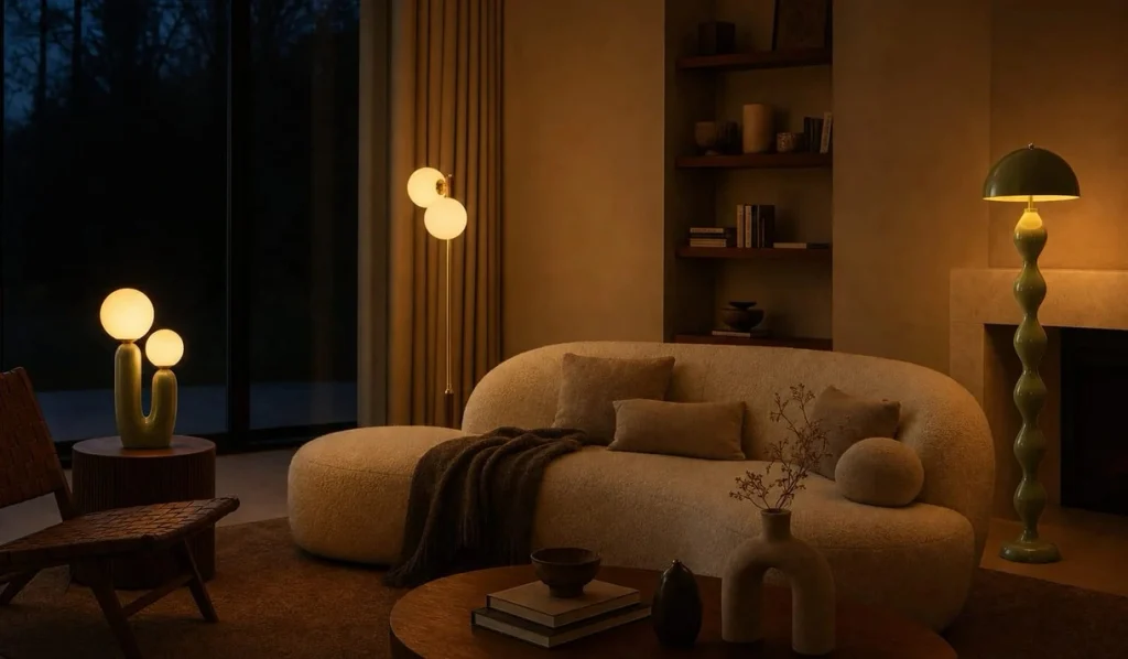 Modern living room at night with warm 2700K table lamps and a floor lamp glowing softly
