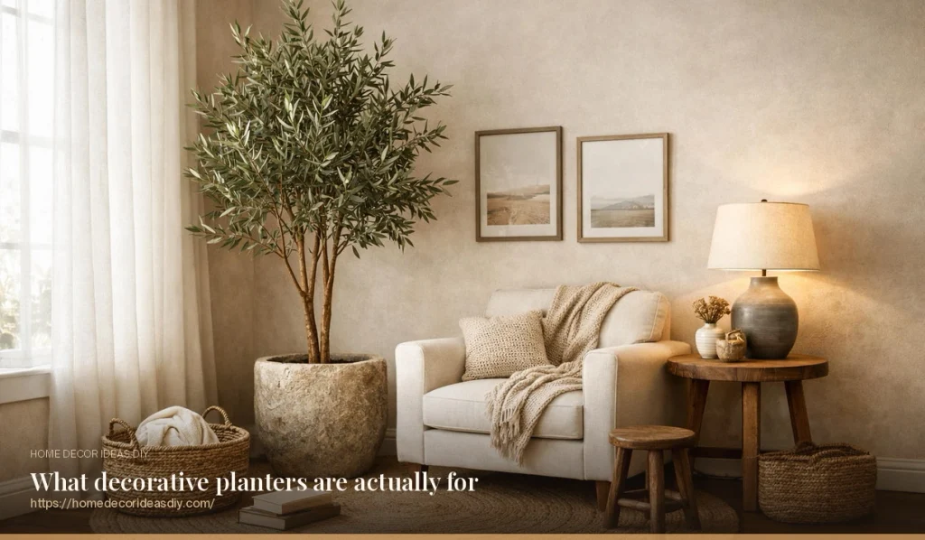 Olive tree in a stone decorative planter anchoring a neutral living room corner next to an armchair