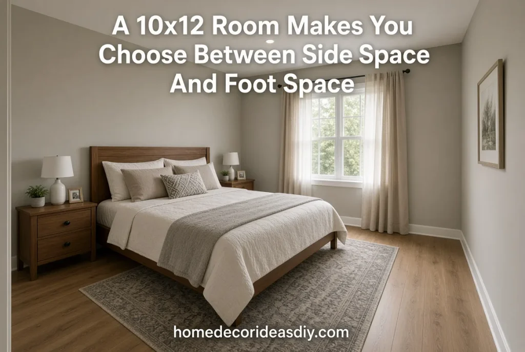 Small Bedroom Ideas With Queen Bed in a 10x12 room with headboard on the 12-foot wall for wider side space.