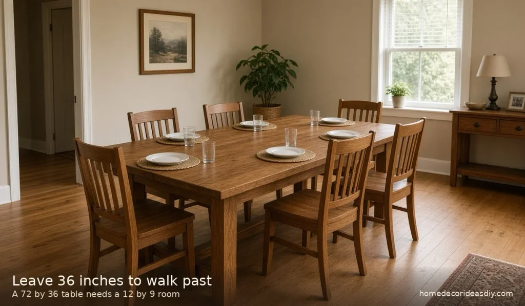 Solid wood dining table set for six with clear space to pull out chairs.