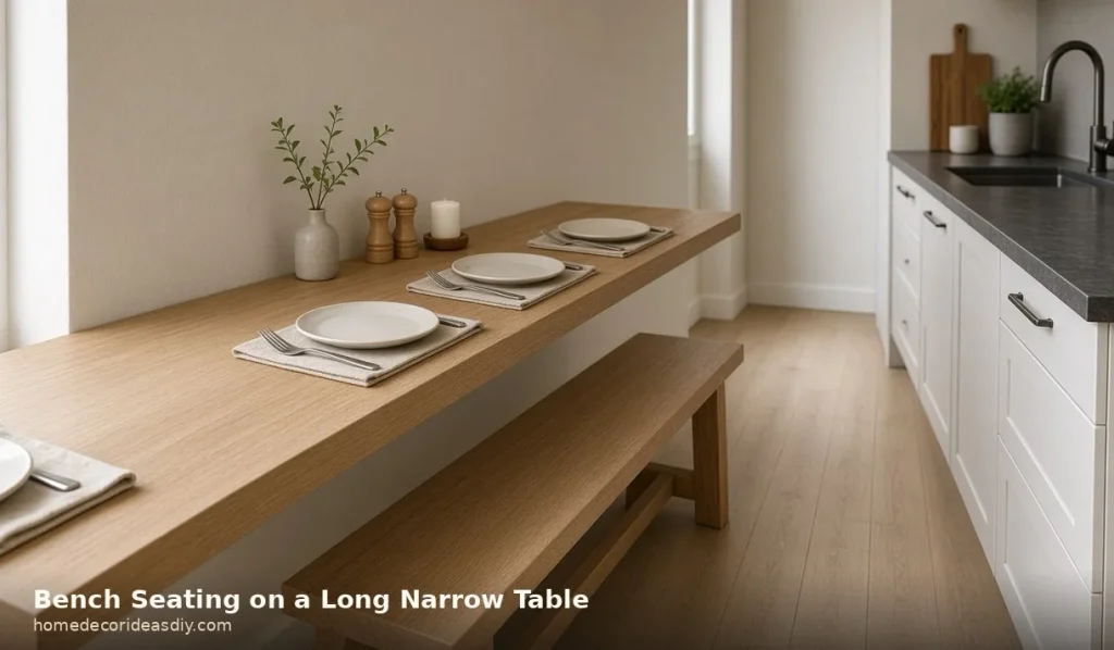 Long narrow kitchen table with a backless bench and a small row of decor