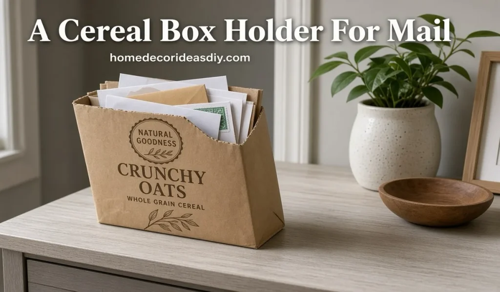 Cereal box mail holder with envelopes and papers.