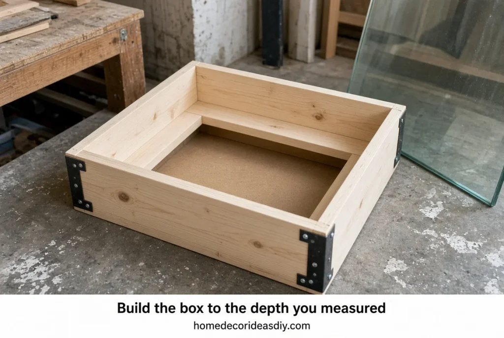Shadow box coffee table DIY build with a wooden display box under the opening.