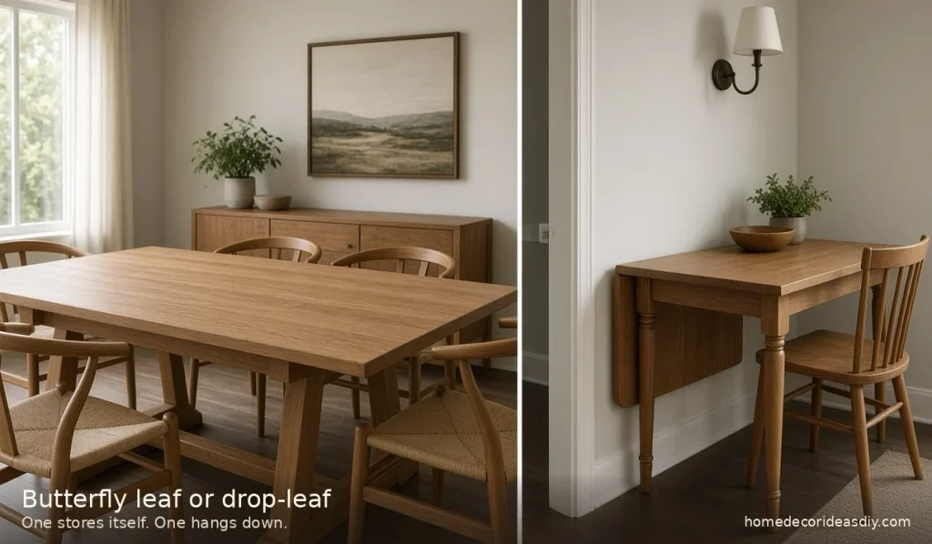 Butterfly leaf dining tables at full width beside a drop-leaf table hung against the wall.