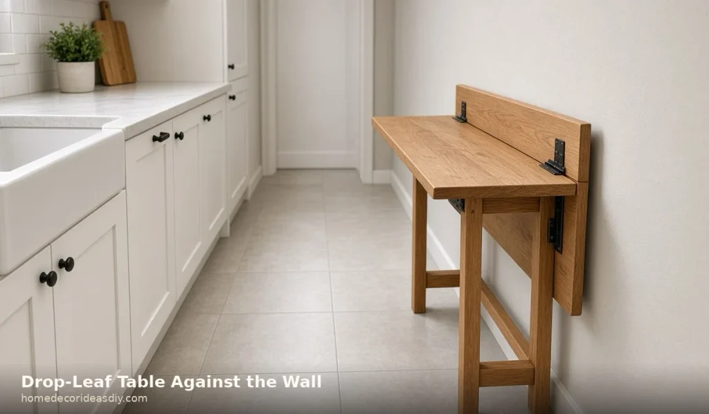 Drop-leaf long narrow kitchen table folded against the wall.