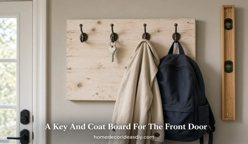 Wooden key and coat board mounted by the front door.