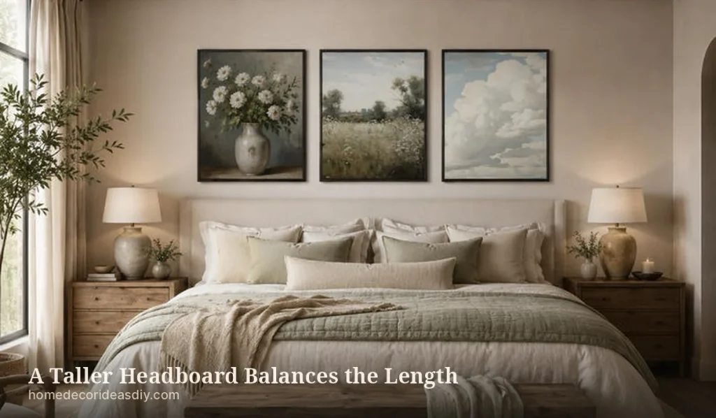 California king bedframe with a tall upholstered headboard and a rug on each side.