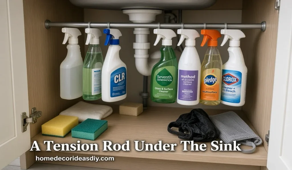 Rod under sink holding spray bottles