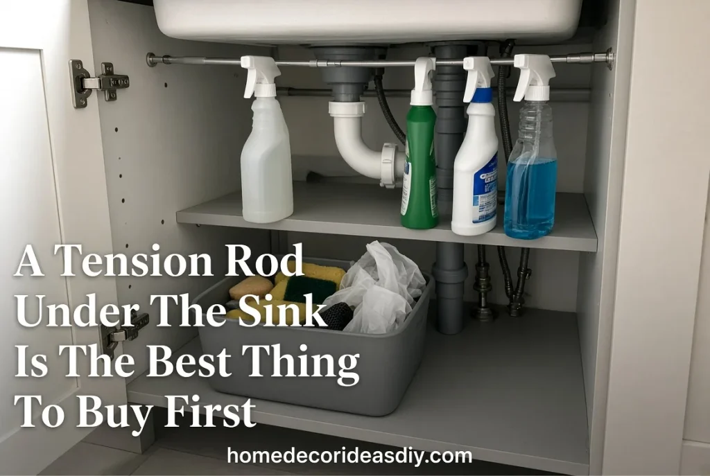 Tension rod under the sink holding spray bottles – cheap small home organization ideas on a budget.