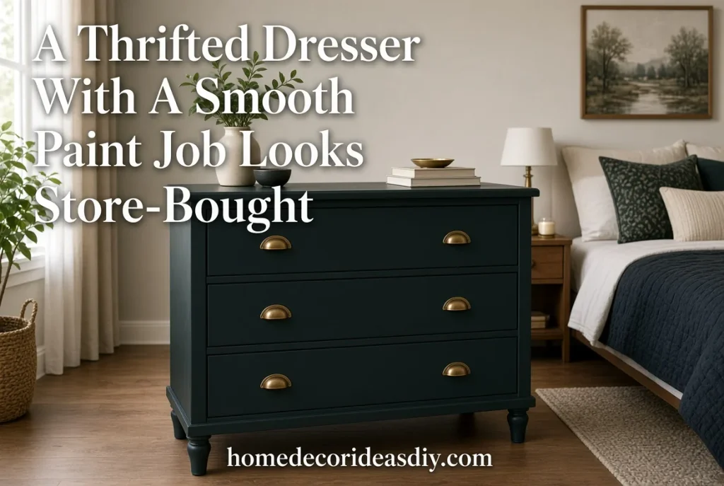 DIY Bedroom Decor Ideas for Adults featuring a thrifted dresser painted in a dark matte color.