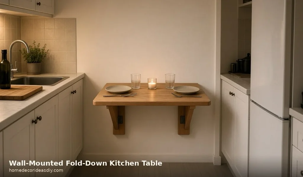 Wall-mounted fold-down long narrow kitchen table in a tight galley