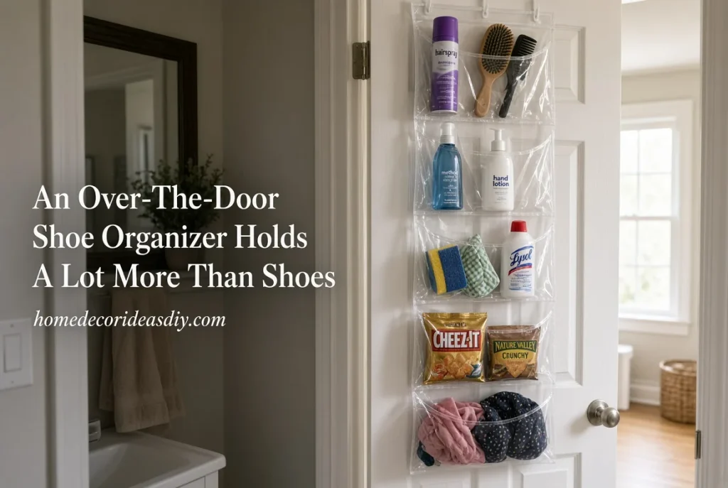 Over-the-door clear pocket organizer holding toiletries and snacks instead of shoes – small home organization on a budget.