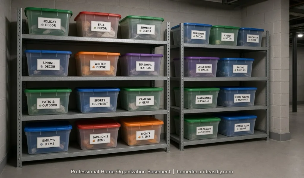 Professional home organization of basement seasonal storage with labeled plastic bins.