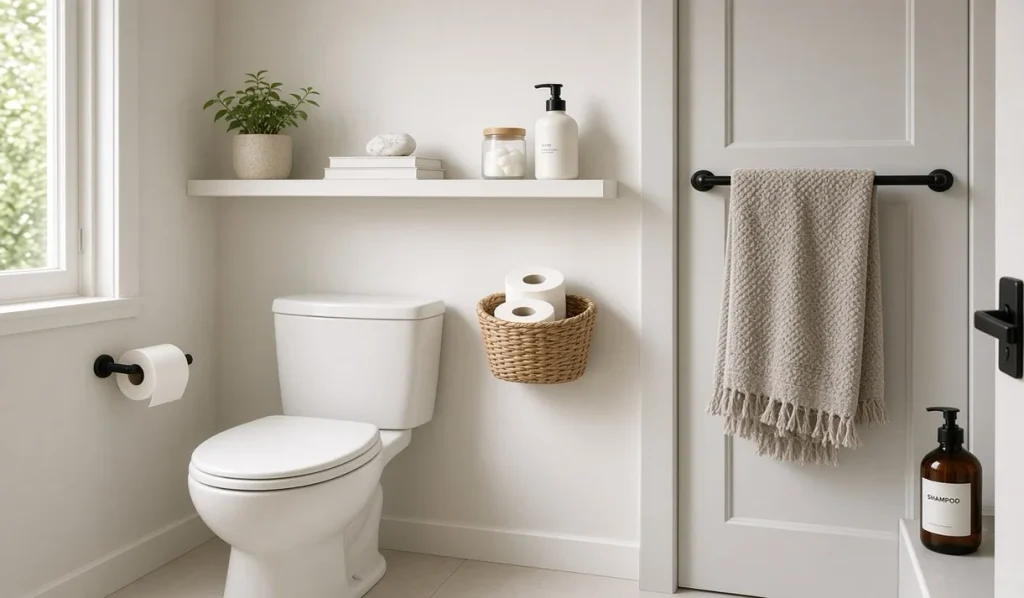 Vertical bathroom storage ideas that help organize a small house.