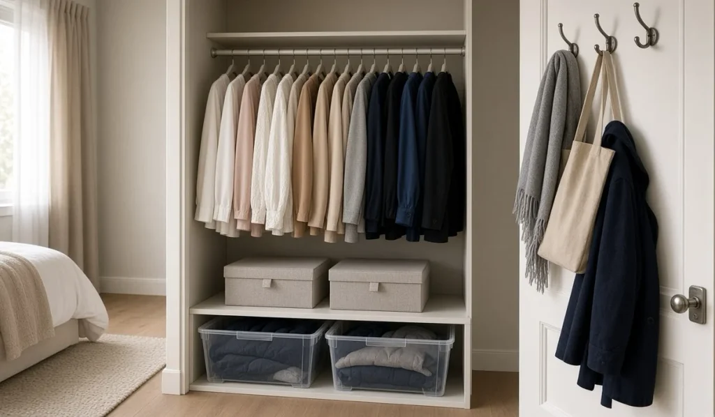 Closet with slim hangers and under-bed boxes for organizing a small house bedroom.
