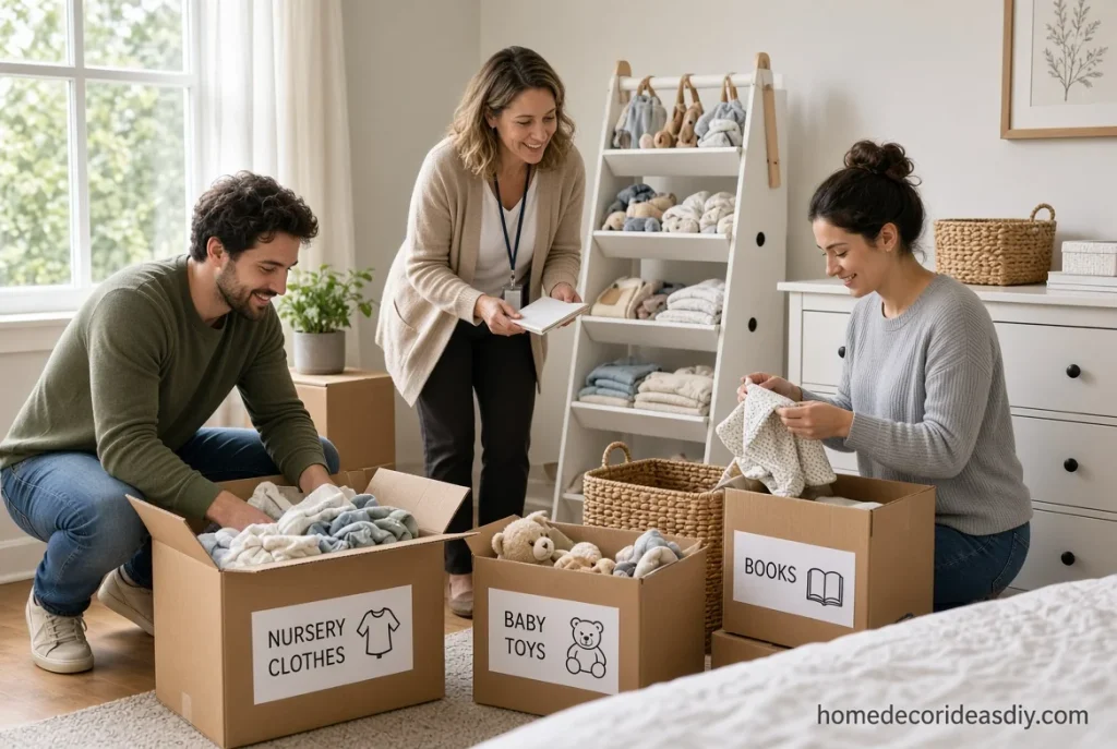 Home organization professional assisting with sorting during a move and new baby preparation.