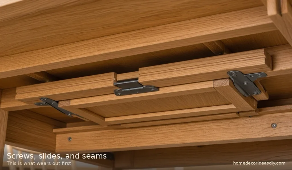 Butterfly leaf dining tables underside with hinges, slides, and screws in solid wood.