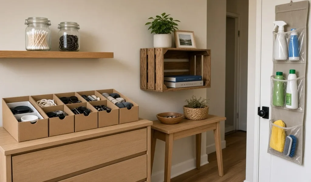 Low-cost storage using shoeboxes, jars and a crate while organizing a small house.