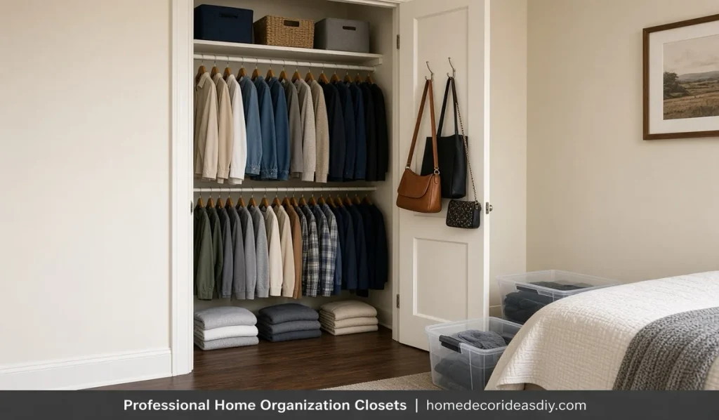 Professional home organization maximizing small closets with double rods shelves and door hooks.