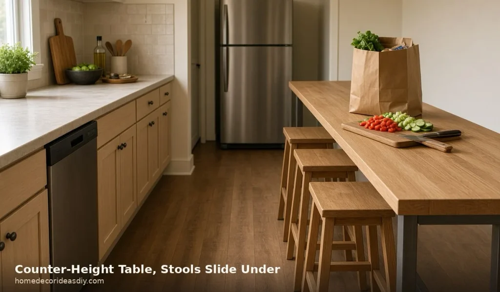 Counter-height long narrow kitchen table used as extra prep space