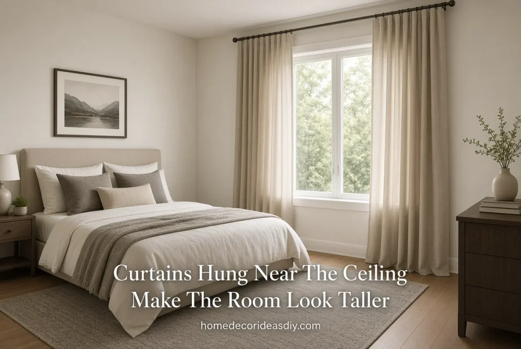 DIY Bedroom Decor Ideas for Adults with curtains hung near the ceiling to make the room taller.