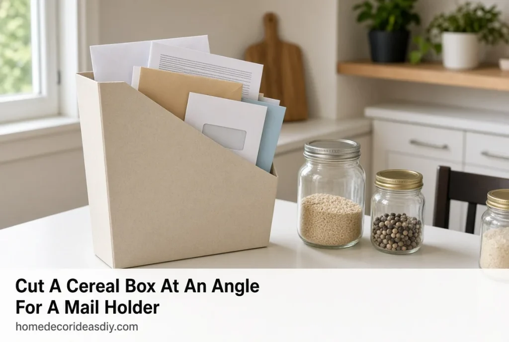 DIY cereal box mail holder on a kitchen counter – free small home organization ideas on a budget.