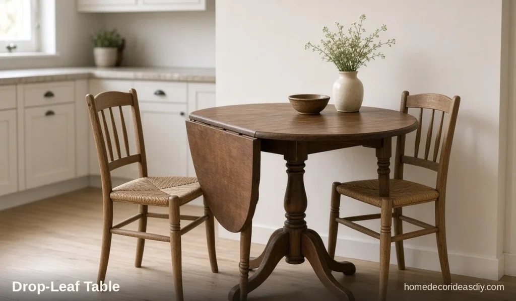 Drop-leaf round table with one side folded down in a small kitchen.