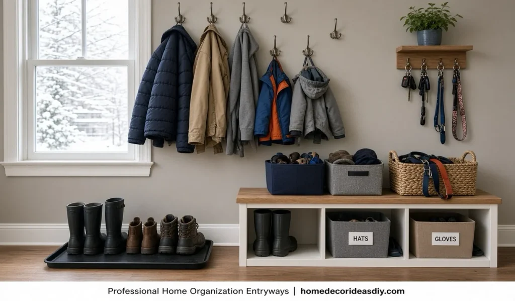 Professional home organization for snowy entryways and mudrooms with low hooks and bins.
