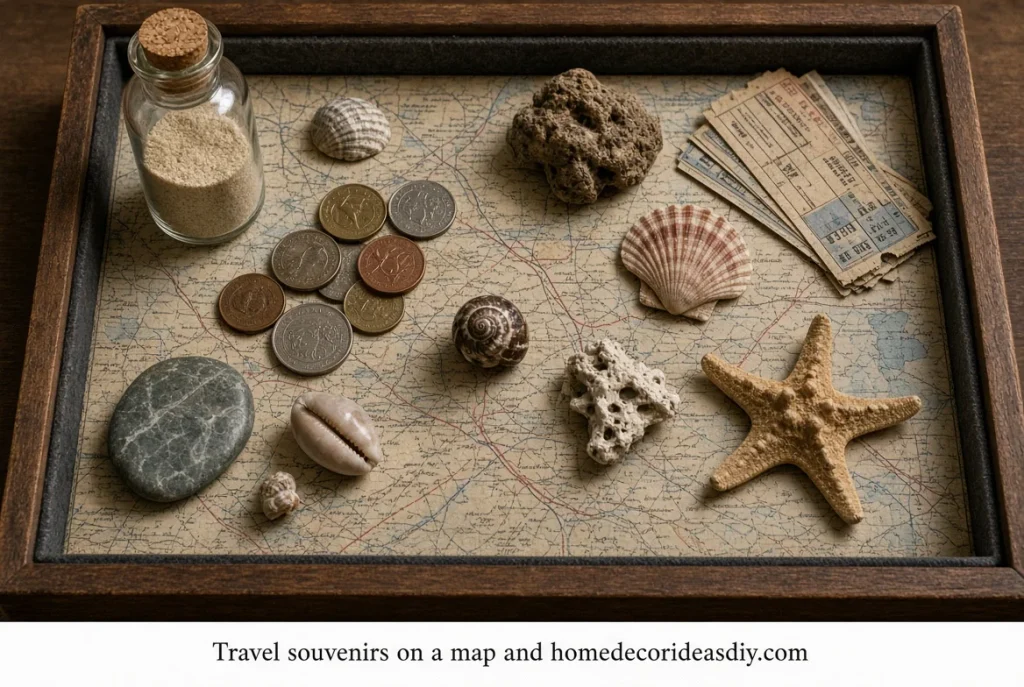Shadow box coffee table display of travel souvenirs on an old road map