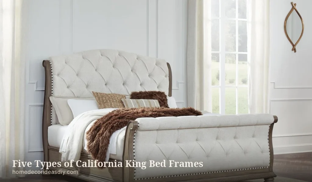Upholstered California king bedframe with a tall sleigh headboard and a wood base.