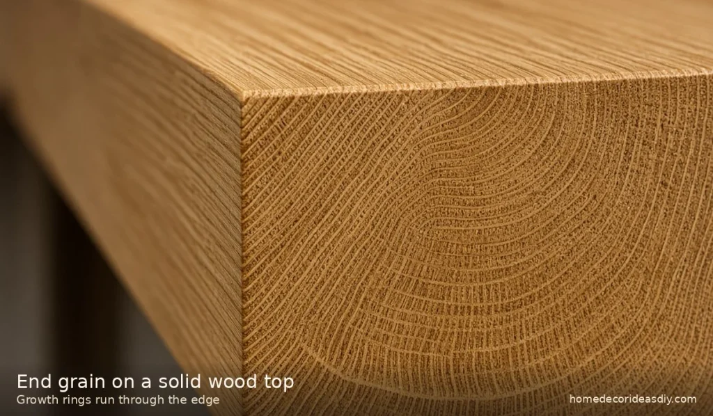Solid wood dining table end grain with growth rings on the short edge.