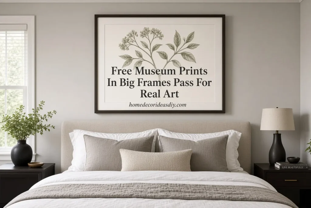 DIY Bedroom Decor Ideas for Adults with a large framed museum botanical print above the bed.